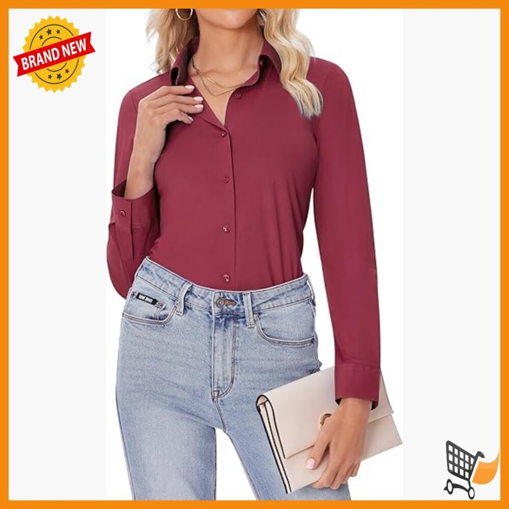 Slim Fit Long Sleeve Button Down Shirt Wrinkle Free Stretch Office Blouse